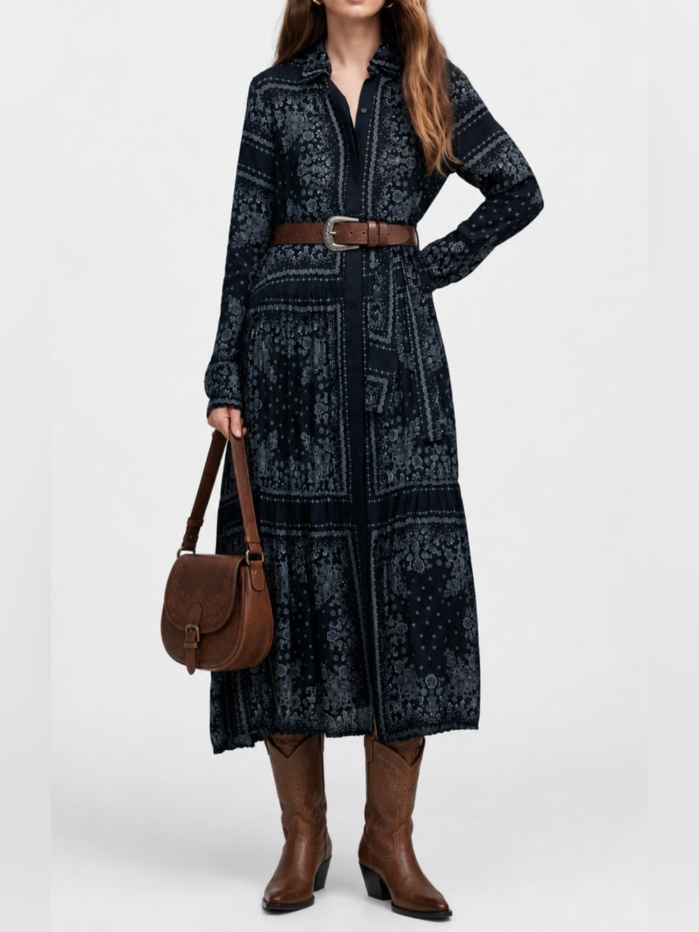 Madewell Navy Blue Bandana Pattern Long Sleeve Maxi Dress Belt not Included NWT